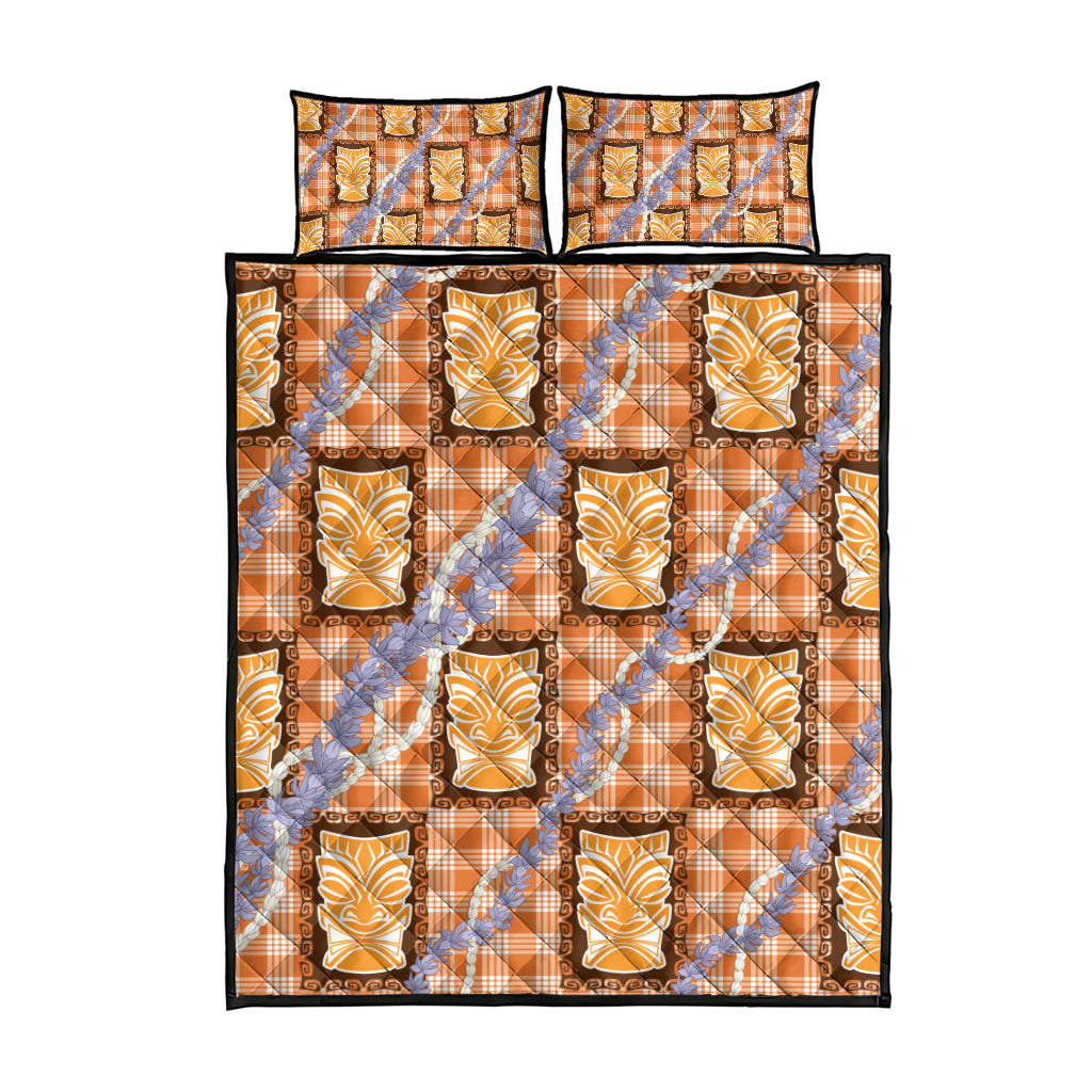 Aloha Hawaii Tiki Palaka Motifs Quilt Bed Set Honohono Lei Orange Elegant Vibes