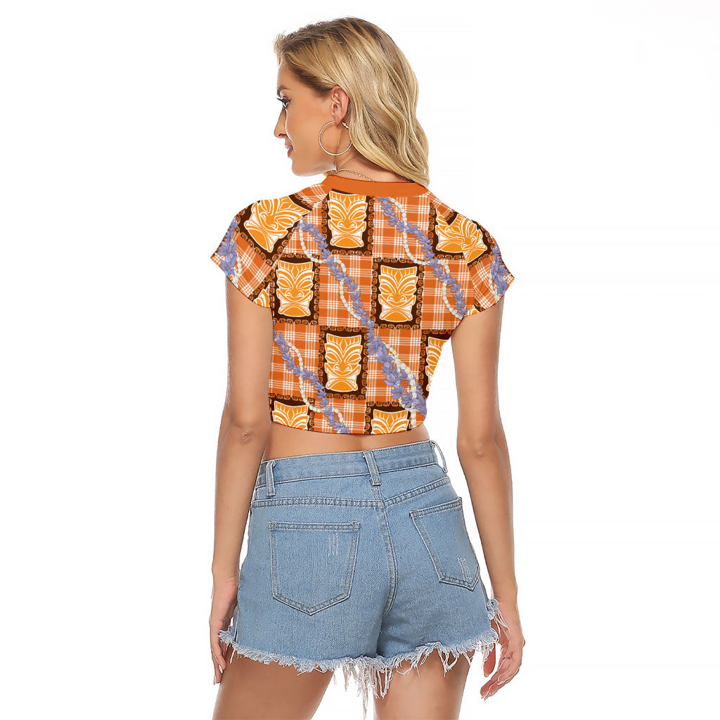 Aloha Hawaii Tiki Palaka Motifs Raglan Cropped T Shirt Honohono Lei Orange Elegant Vibes