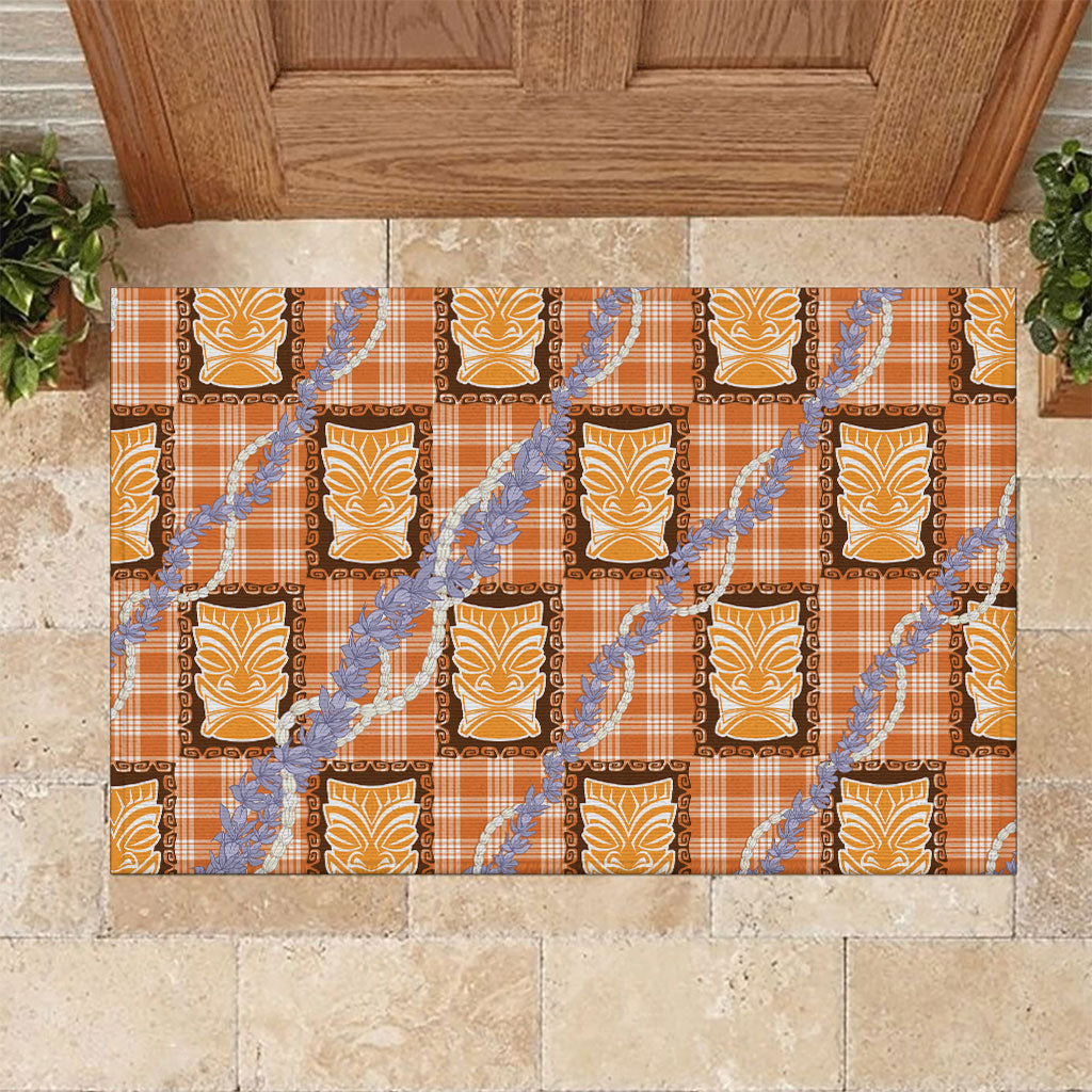 Aloha Hawaii Tiki Palaka Motifs Rubber Doormat Honohono Lei Orange Elegant Vibes