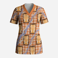 Aloha Hawaii Tiki Palaka Motifs Scrub Top Honohono Lei Orange Elegant Vibes