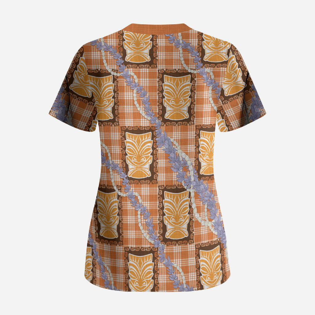 Aloha Hawaii Tiki Palaka Motifs Scrub Top Honohono Lei Orange Elegant Vibes