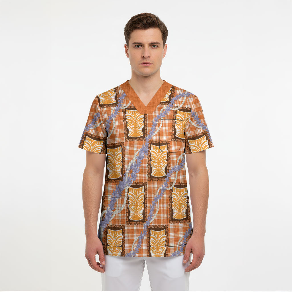 Aloha Hawaii Tiki Palaka Motifs Scrub Top Honohono Lei Orange Elegant Vibes