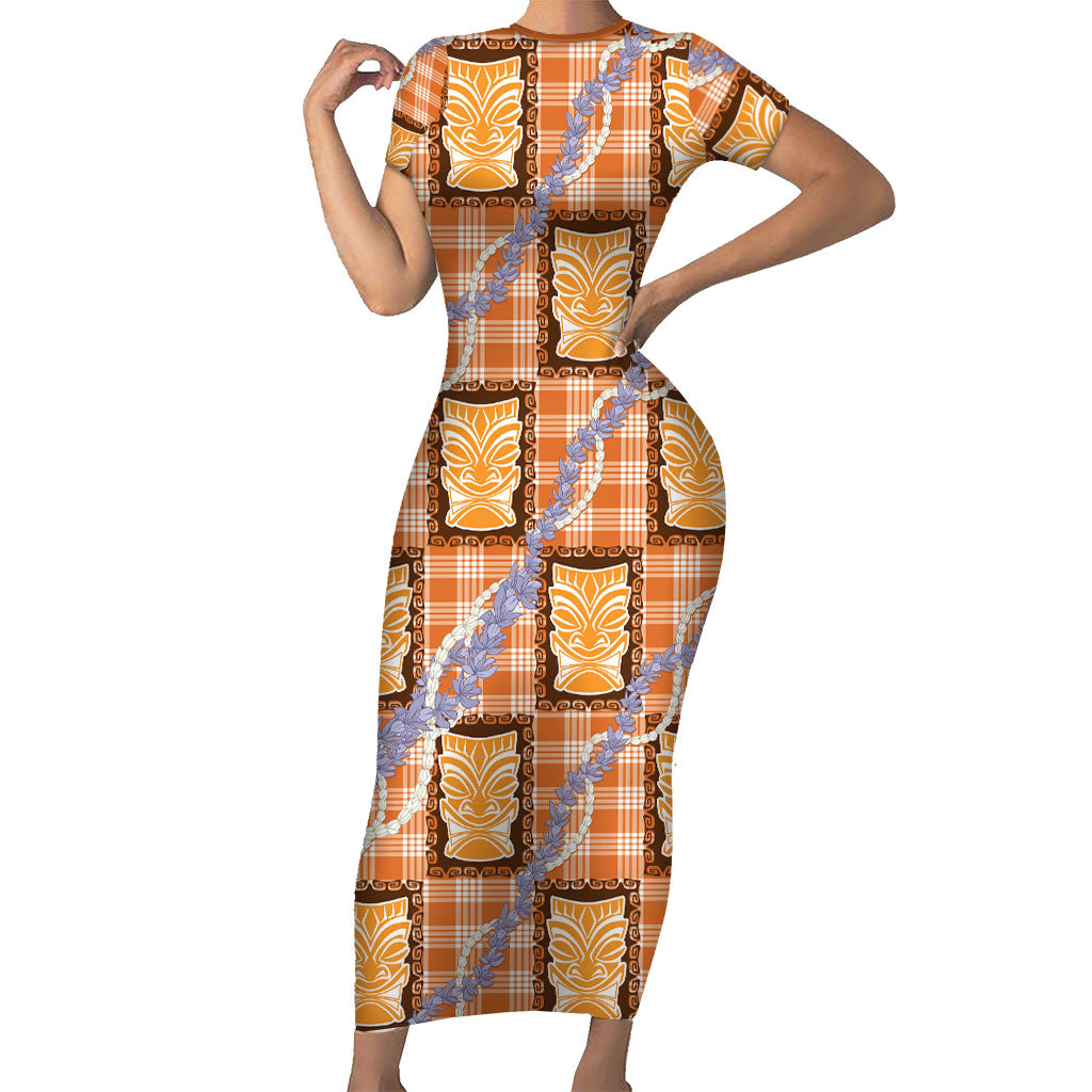Aloha Hawaii Tiki Palaka Motifs Short Sleeve Bodycon Dress Honohono Lei Orange Elegant Vibes