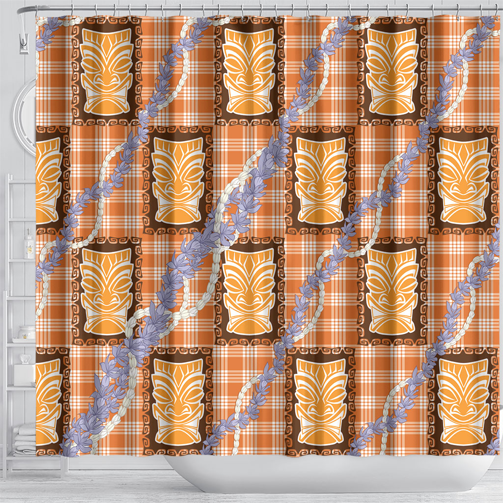 Aloha Hawaii Tiki Palaka Motifs Shower Curtain Honohono Lei Orange Elegant Vibes