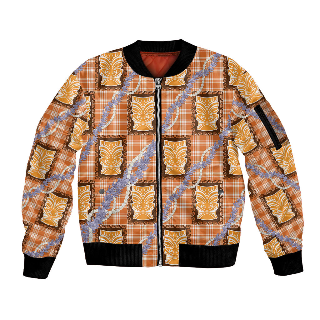 Aloha Hawaii Tiki Palaka Motifs Sleeve Zip Bomber Jacket Honohono Lei Orange Elegant Vibes