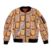 Aloha Hawaii Tiki Palaka Motifs Sleeve Zip Bomber Jacket Honohono Lei Orange Elegant Vibes