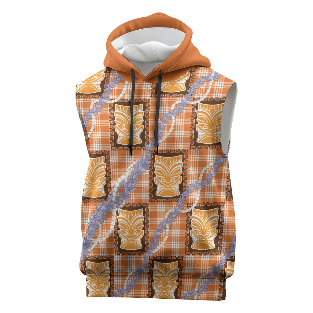Aloha Hawaii Tiki Palaka Motifs Sleeveless Hoodie Honohono Lei Orange Elegant Vibes