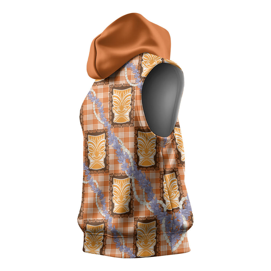 Aloha Hawaii Tiki Palaka Motifs Sleeveless Hoodie Honohono Lei Orange Elegant Vibes