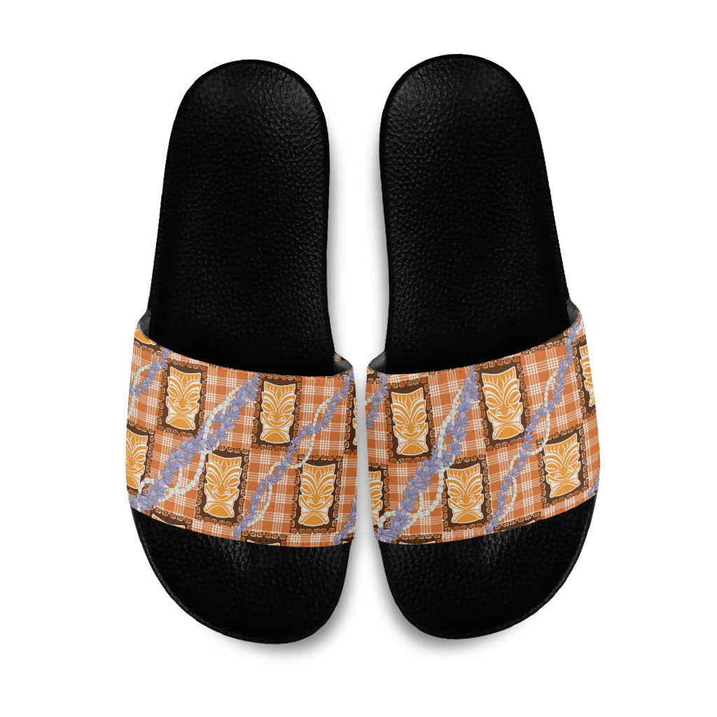 Aloha Hawaii Tiki Palaka Motifs Slide Sandals Honohono Lei Orange Elegant Vibes