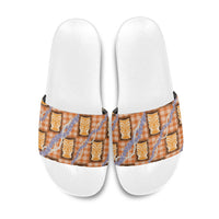 Aloha Hawaii Tiki Palaka Motifs Slide Sandals Honohono Lei Orange Elegant Vibes