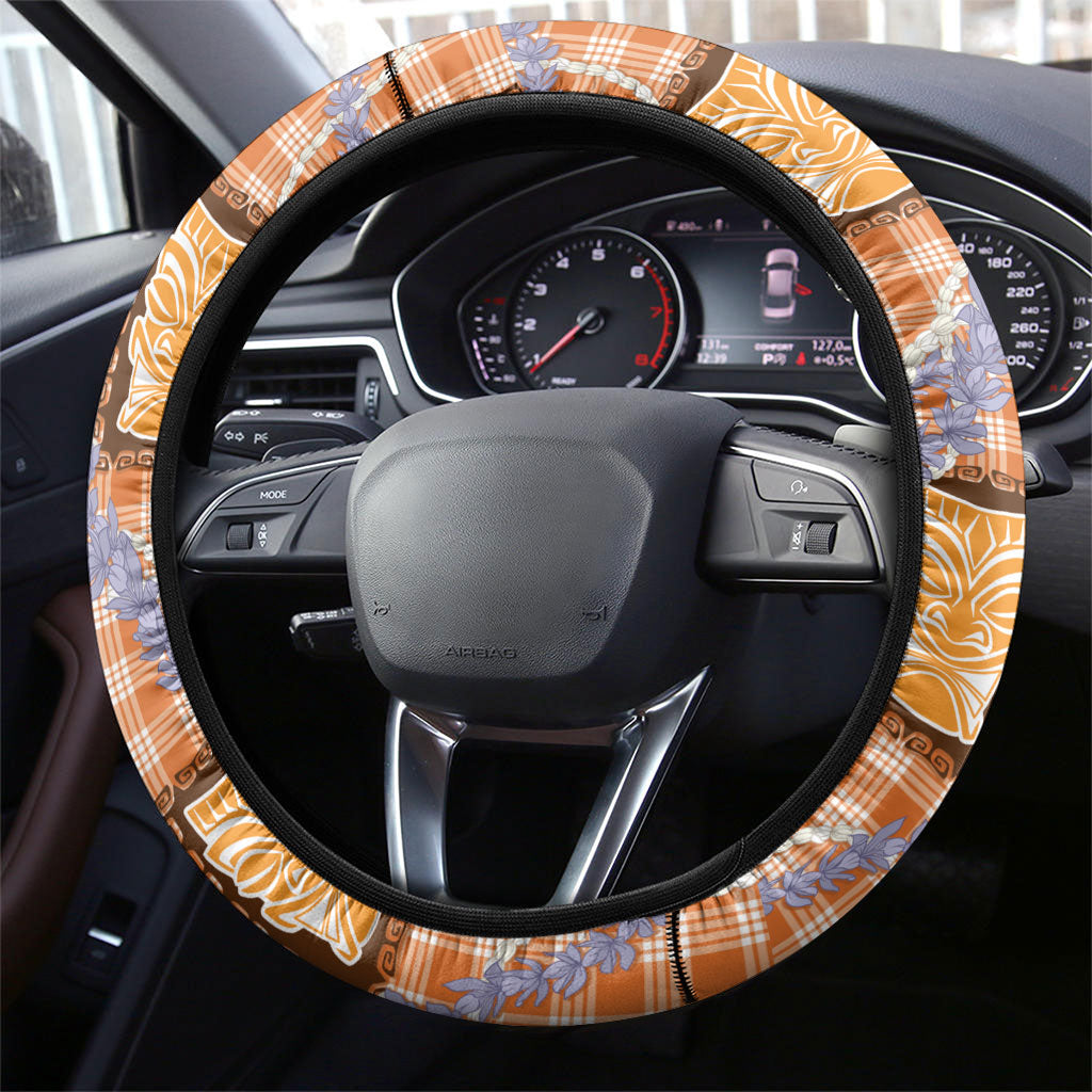 Aloha Hawaii Tiki Palaka Motifs Steering Wheel Cover Honohono Lei Orange Elegant Vibes