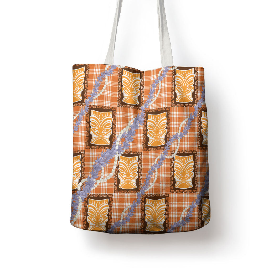 Aloha Hawaii Tiki Palaka Motifs Tote Bag Honohono Lei Orange Elegant Vibes