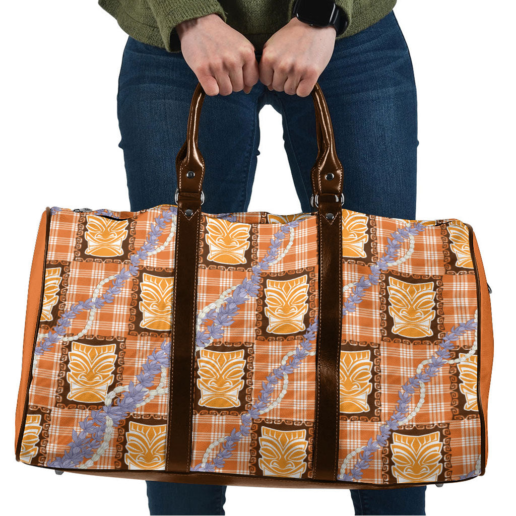 Aloha Hawaii Tiki Palaka Motifs Travel Bag Honohono Lei Orange Elegant Vibes