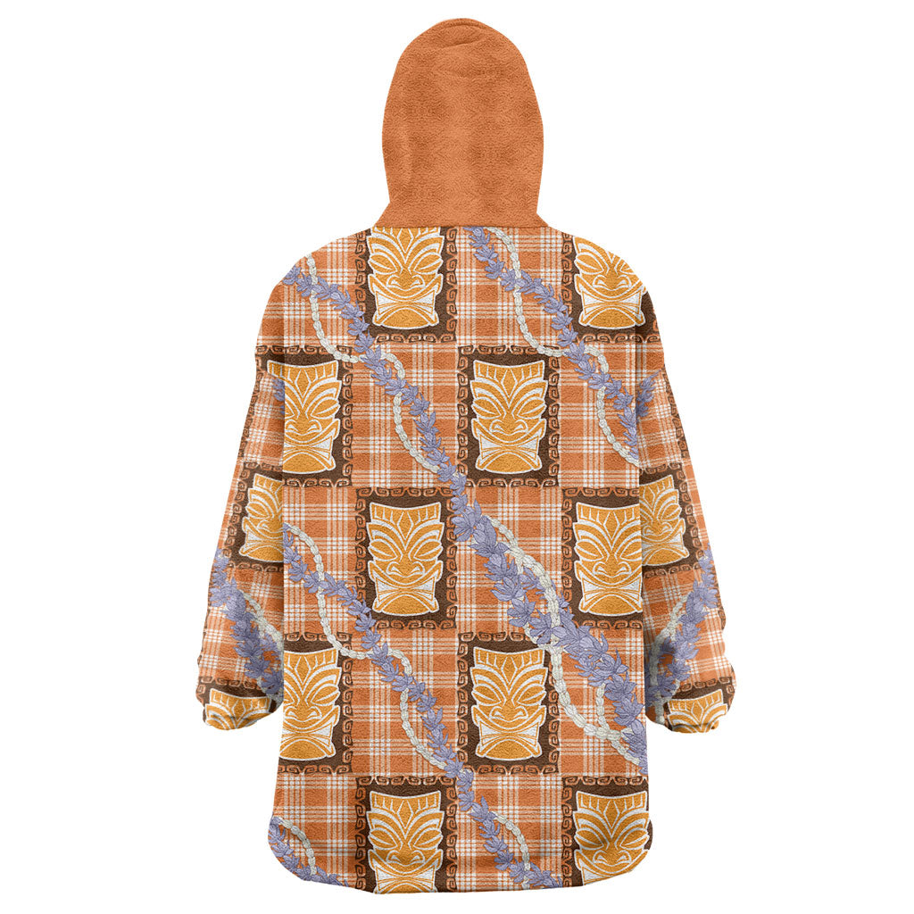 Aloha Hawaii Tiki Palaka Motifs Wearable Blanket Hoodie Honohono Lei Orange Elegant Vibes