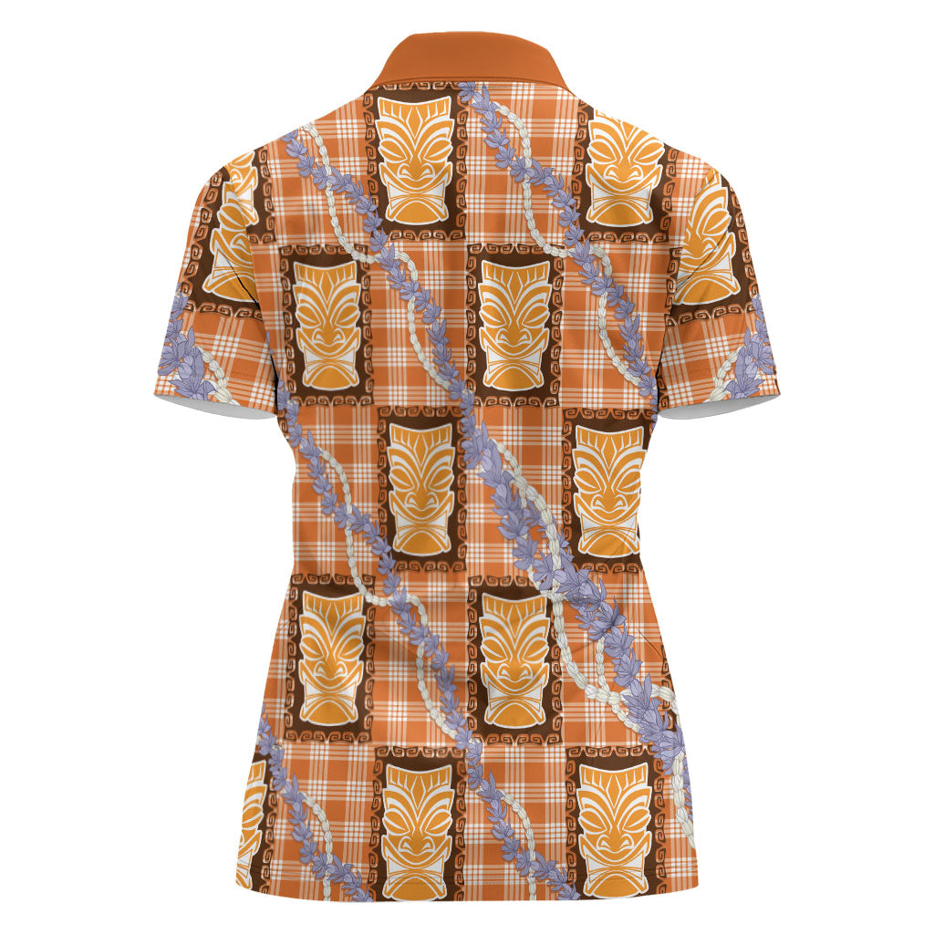 Aloha Hawaii Tiki Palaka Motifs Women Polo Shirt Honohono Lei Orange Elegant Vibes