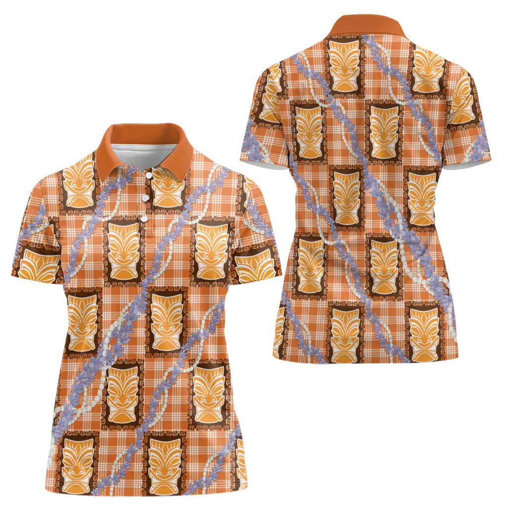 Aloha Hawaii Tiki Palaka Motifs Women Polo Shirt Honohono Lei Orange Elegant Vibes