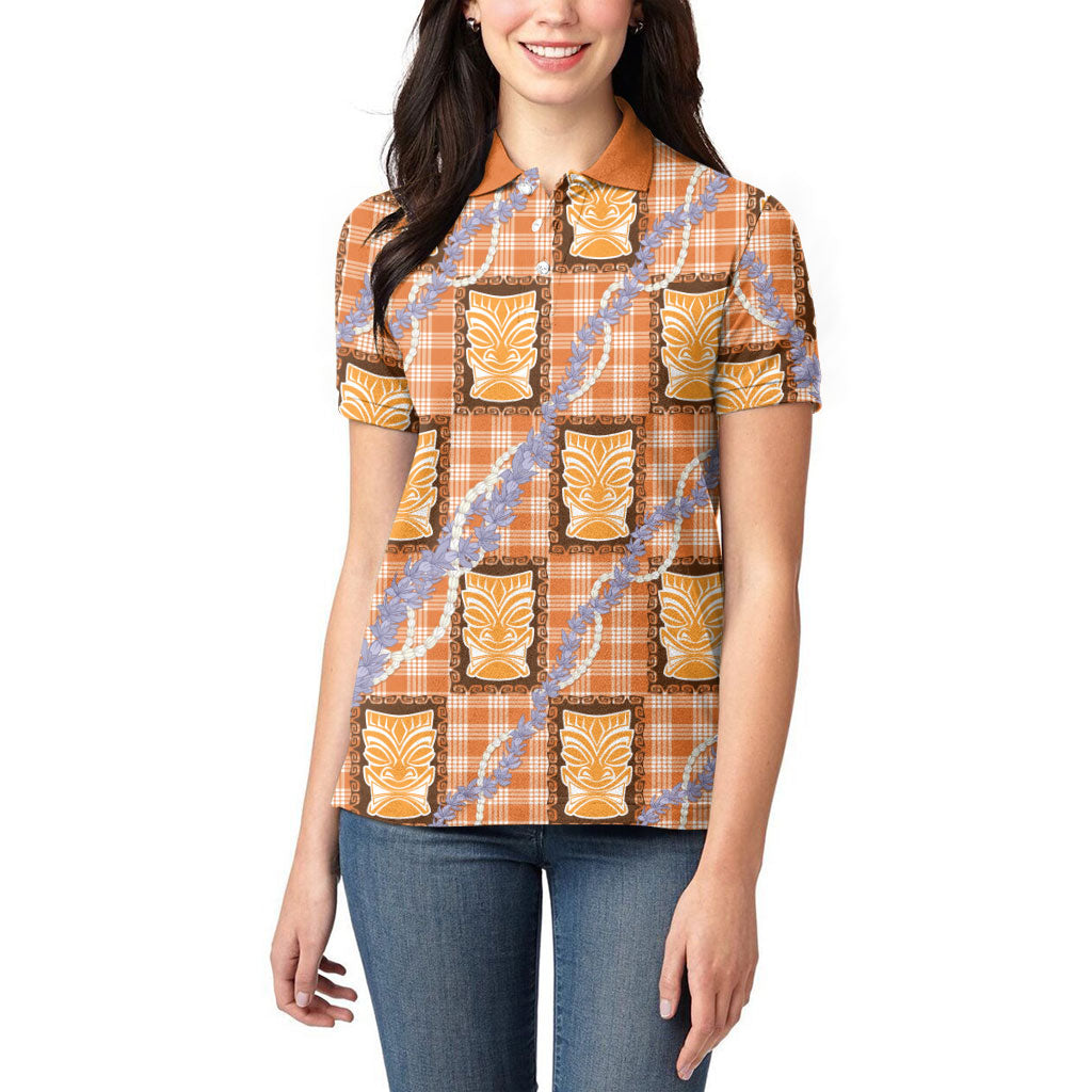 Aloha Hawaii Tiki Palaka Motifs Women Polo Shirt Honohono Lei Orange Elegant Vibes