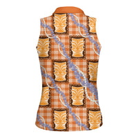 Aloha Hawaii Tiki Palaka Motifs Women Sleeveless Polo Shirt Honohono Lei Orange Elegant Vibes