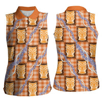 Aloha Hawaii Tiki Palaka Motifs Women Sleeveless Polo Shirt Honohono Lei Orange Elegant Vibes