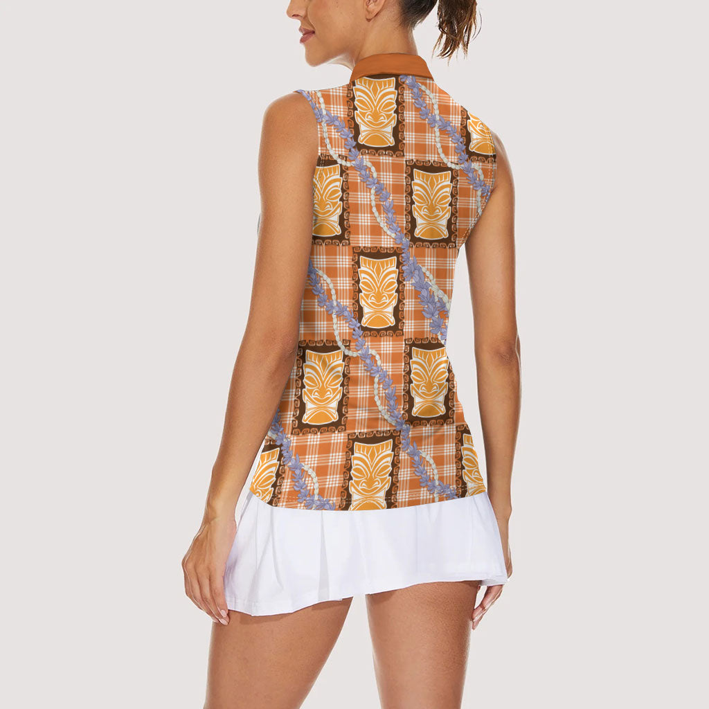 Aloha Hawaii Tiki Palaka Motifs Women Sleeveless Polo Shirt Honohono Lei Orange Elegant Vibes