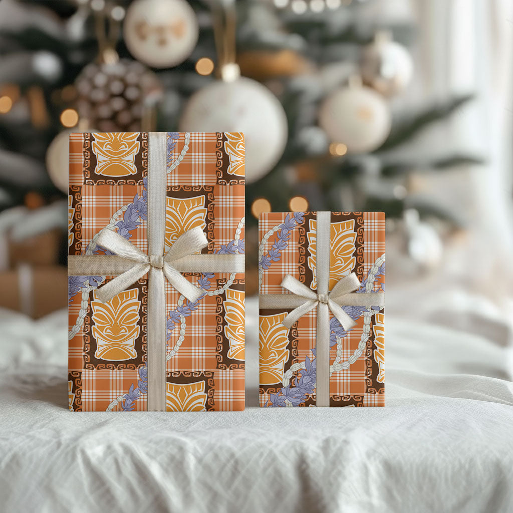 Aloha Hawaii Tiki Palaka Motifs Wrapping Paper Honohono Lei Orange Elegant Vibes