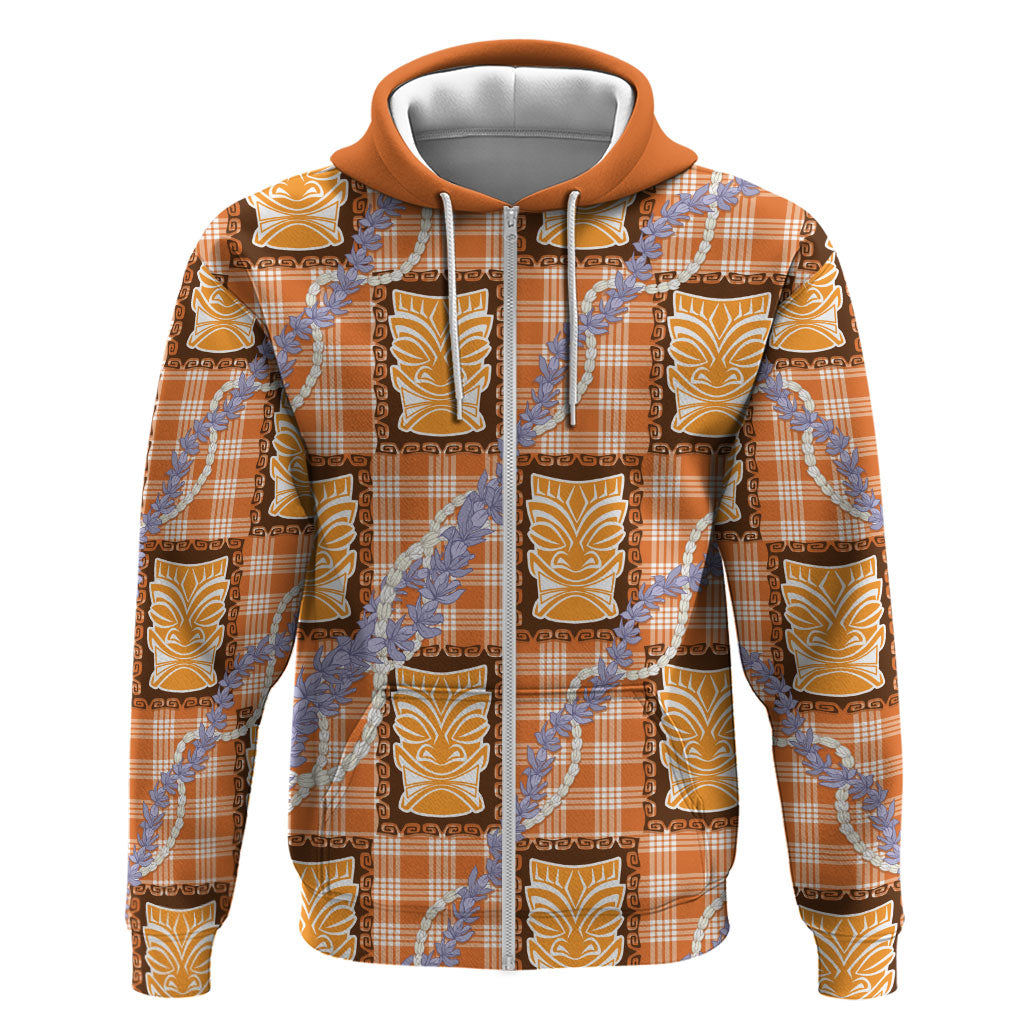 Aloha Hawaii Tiki Palaka Motifs Zip Hoodie Honohono Lei Orange Elegant Vibes