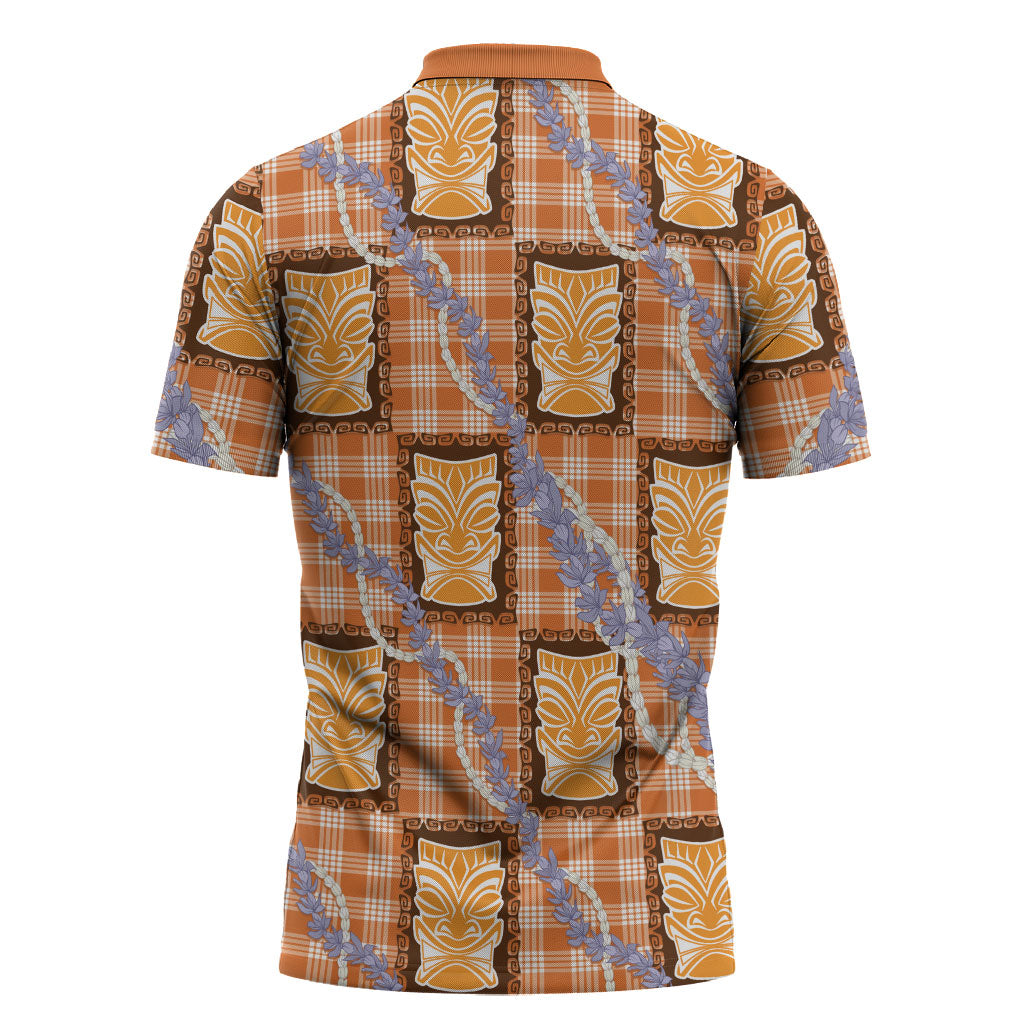 Aloha Hawaii Tiki Palaka Motifs Zipper Polo Shirt Honohono Lei Orange Elegant Vibes