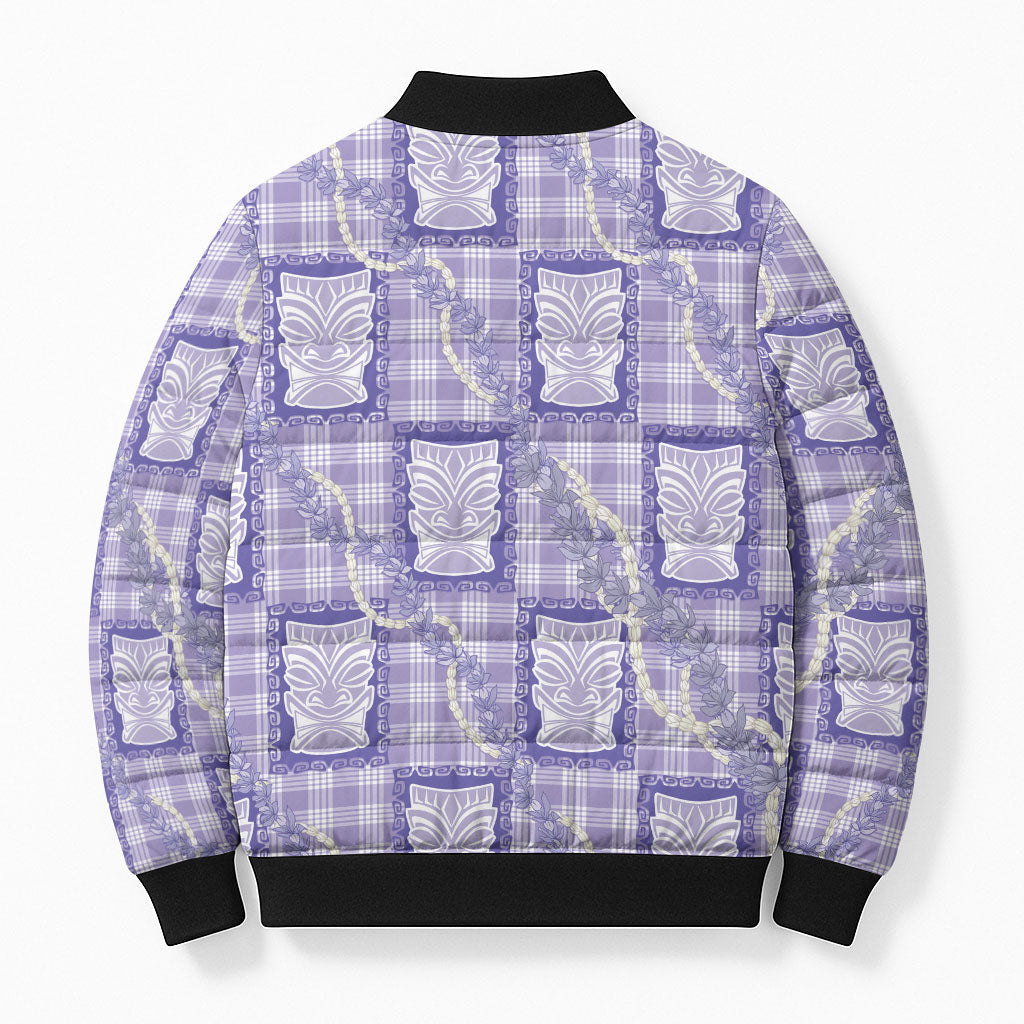 Aloha Hawaii Tiki Palaka Motifs Bomber Puffer Jacket Honohono Lei Purple Elegant Vibes