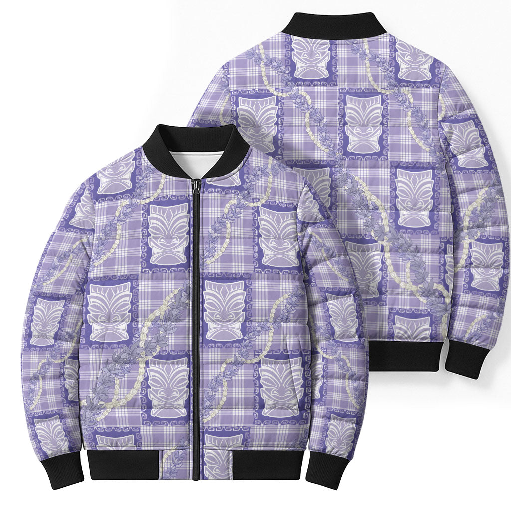 Aloha Hawaii Tiki Palaka Motifs Bomber Puffer Jacket Honohono Lei Purple Elegant Vibes