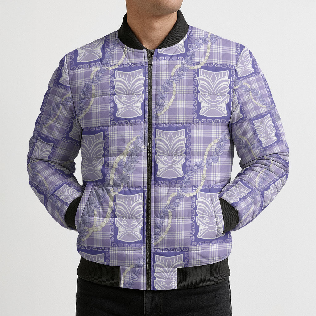 Aloha Hawaii Tiki Palaka Motifs Bomber Puffer Jacket Honohono Lei Purple Elegant Vibes