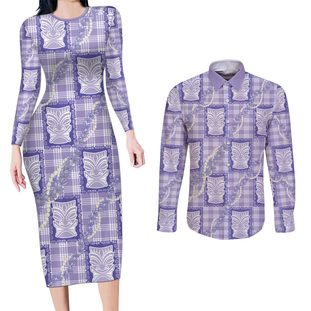 Aloha Hawaii Tiki Palaka Motifs Couples Matching Long Sleeve Bodycon Dress and Long Sleeve Button Shirt Honohono Lei Purple Elegant Vibes LT14 Purple - Polynesian Pride