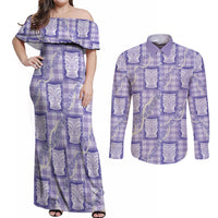 Aloha Hawaii Tiki Palaka Motifs Couples Matching Off Shoulder Maxi Dress and Long Sleeve Button Shirt Honohono Lei Purple Elegant Vibes