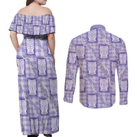 Aloha Hawaii Tiki Palaka Motifs Couples Matching Off Shoulder Maxi Dress and Long Sleeve Button Shirt Honohono Lei Purple Elegant Vibes