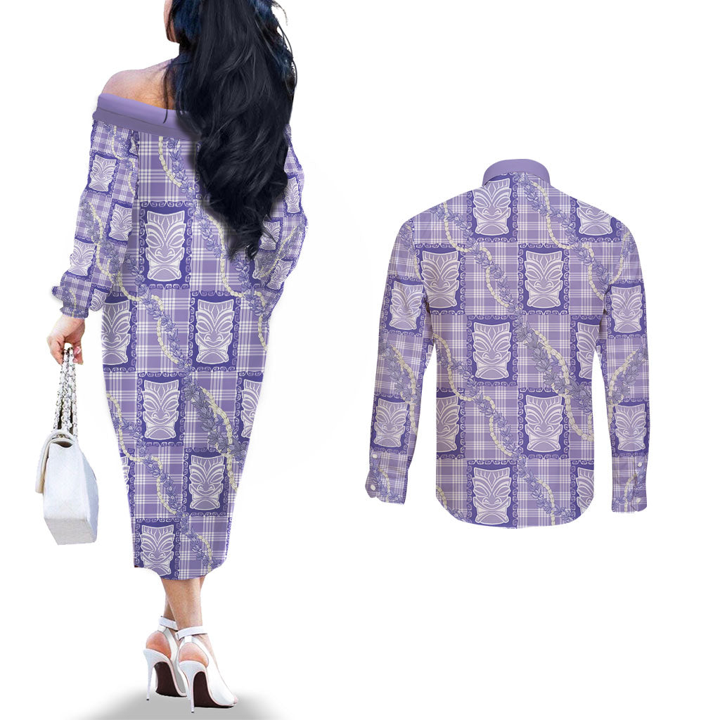 Aloha Hawaii Tiki Palaka Motifs Couples Matching Off The Shoulder Long Sleeve Dress and Long Sleeve Button Shirt Honohono Lei Purple Elegant Vibes