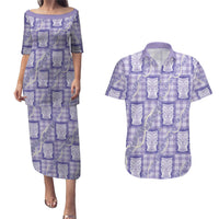 Aloha Hawaii Tiki Palaka Motifs Couples Matching Puletasi and Hawaiian Shirt Honohono Lei Purple Elegant Vibes