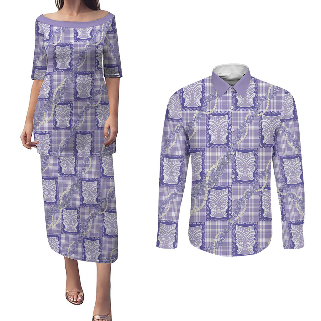 Aloha Hawaii Tiki Palaka Motifs Couples Matching Puletasi and Long Sleeve Button Shirt Honohono Lei Purple Elegant Vibes