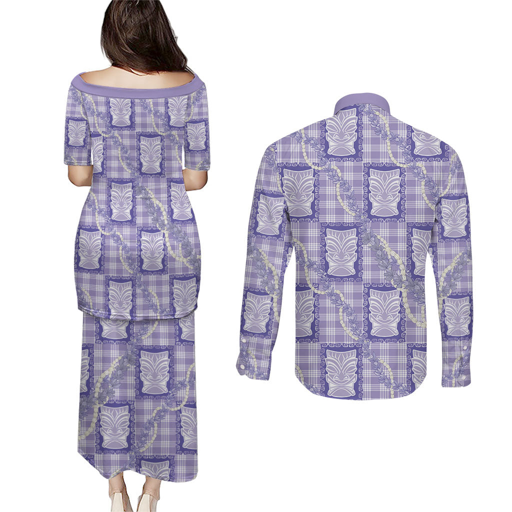 Aloha Hawaii Tiki Palaka Motifs Couples Matching Puletasi and Long Sleeve Button Shirt Honohono Lei Purple Elegant Vibes