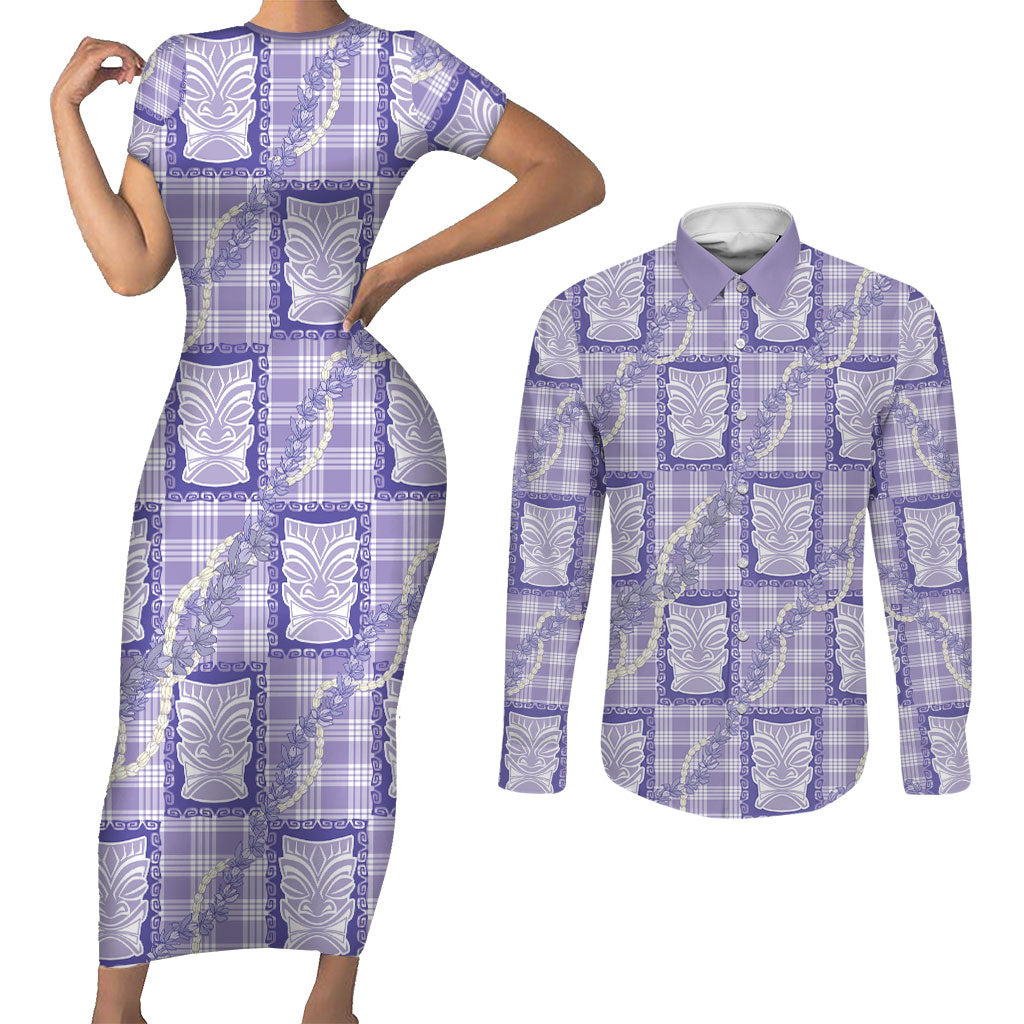 Aloha Hawaii Tiki Palaka Motifs Couples Matching Short Sleeve Bodycon Dress and Long Sleeve Button Shirt Honohono Lei Purple Elegant Vibes LT14 Purple - Polynesian Pride