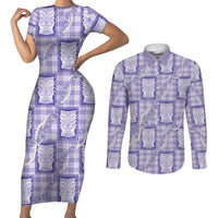 Aloha Hawaii Tiki Palaka Motifs Couples Matching Short Sleeve Bodycon Dress and Long Sleeve Button Shirt Honohono Lei Purple Elegant Vibes LT14 Purple - Polynesian Pride
