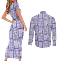 Aloha Hawaii Tiki Palaka Motifs Couples Matching Short Sleeve Bodycon Dress and Long Sleeve Button Shirt Honohono Lei Purple Elegant Vibes LT14 - Polynesian Pride