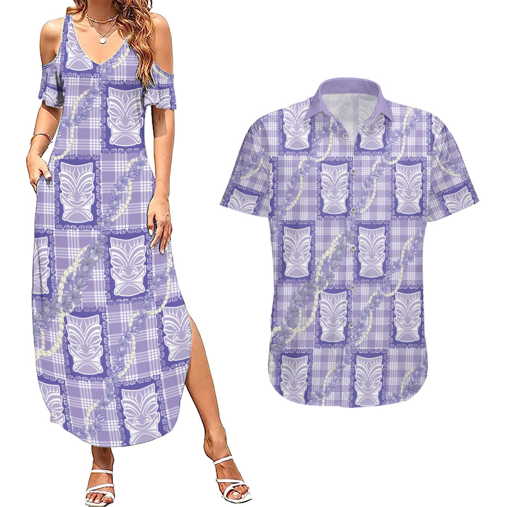 Aloha Hawaii Tiki Palaka Motifs Couples Matching Summer Maxi Dress and Hawaiian Shirt Honohono Lei Purple Elegant Vibes LT14 Purple - Polynesian Pride