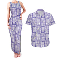 Aloha Hawaii Tiki Palaka Motifs Couples Matching Tank Maxi Dress and Hawaiian Shirt Honohono Lei Purple Elegant Vibes