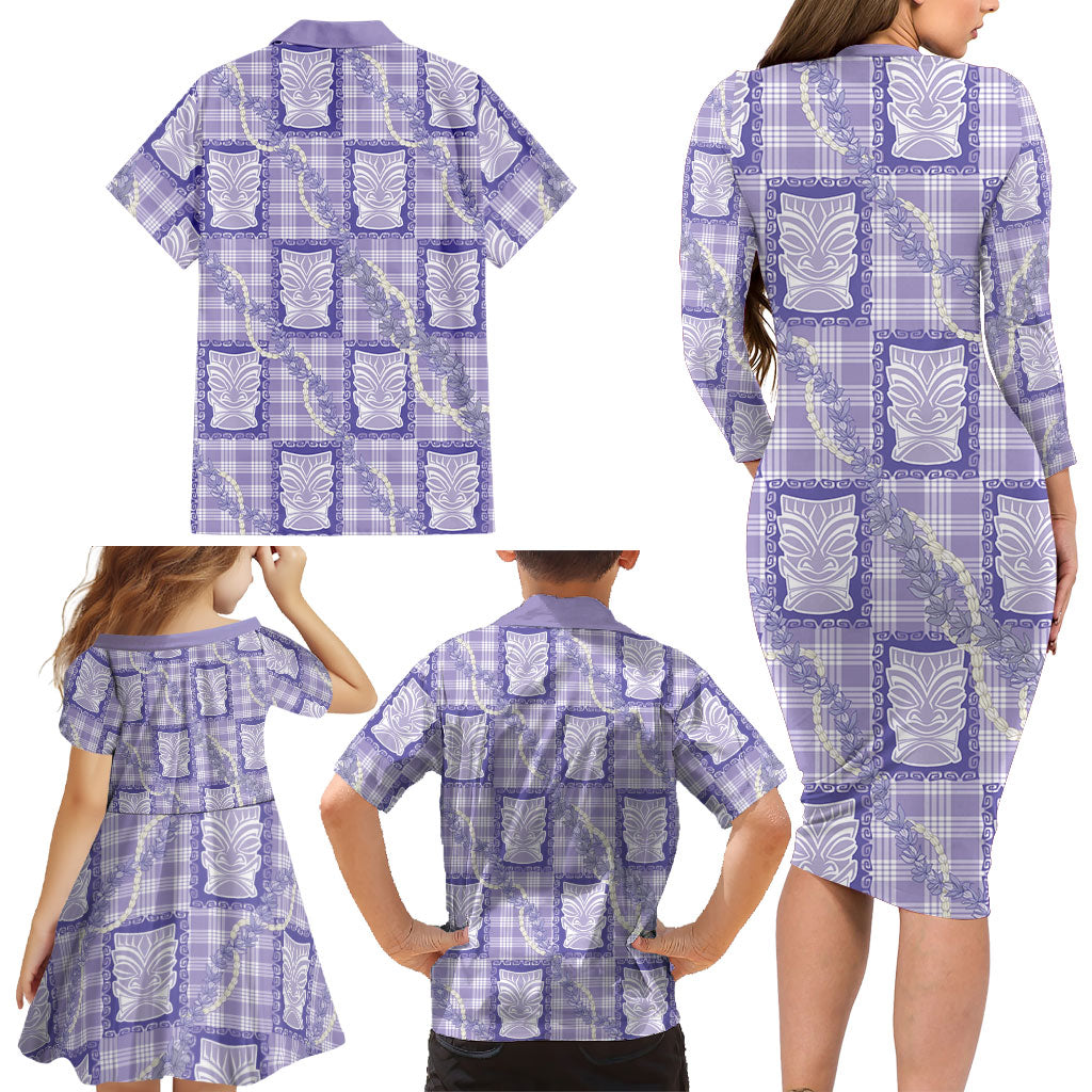 Aloha Hawaii Tiki Palaka Motifs Family Matching Long Sleeve Bodycon Dress and Hawaiian Shirt Honohono Lei Purple Elegant Vibes