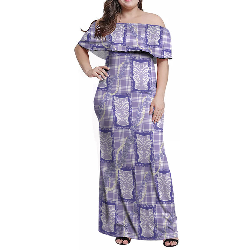 Aloha Hawaii Tiki Palaka Motifs Family Matching Off Shoulder Maxi Dress and Hawaiian Shirt Honohono Lei Purple Elegant Vibes