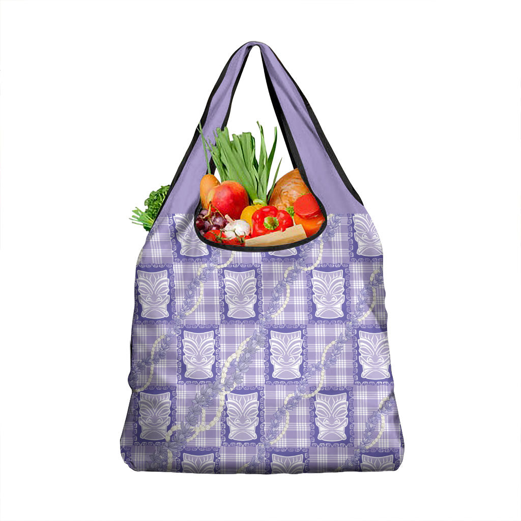 Aloha Hawaii Tiki Palaka Motifs Grocery Bag Honohono Lei Purple Elegant Vibes