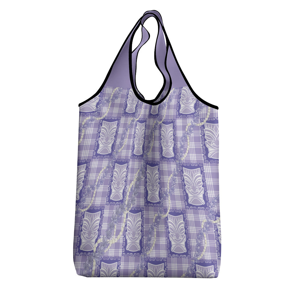 Aloha Hawaii Tiki Palaka Motifs Grocery Bag Honohono Lei Purple Elegant Vibes