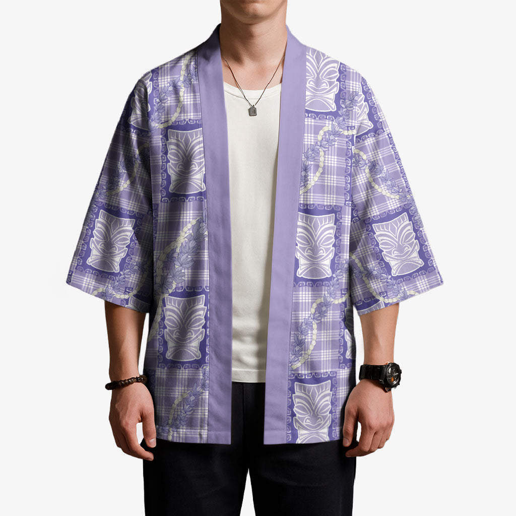 Aloha Hawaii Tiki Palaka Motifs Kimono Honohono Lei Purple Elegant Vibes
