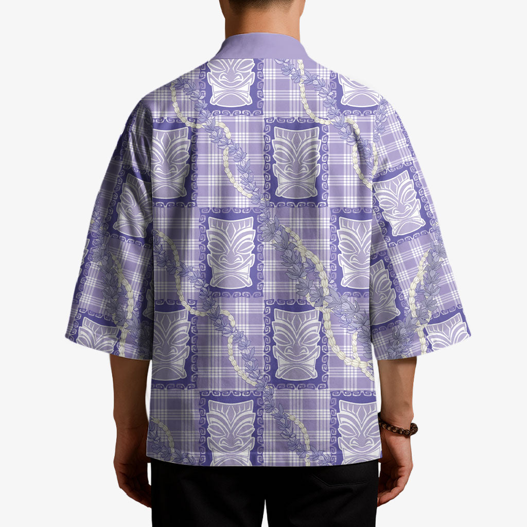 Aloha Hawaii Tiki Palaka Motifs Kimono Honohono Lei Purple Elegant Vibes