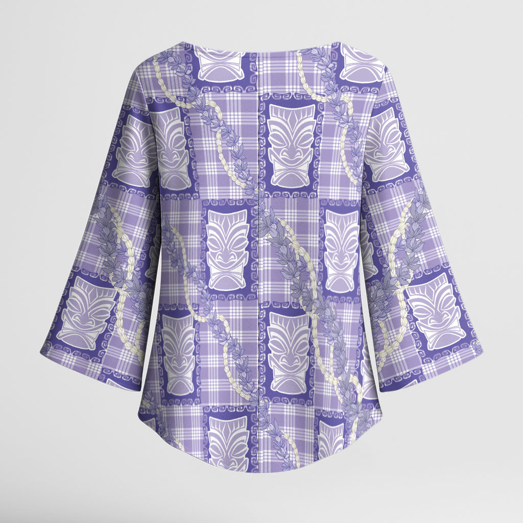 Aloha Hawaii Tiki Palaka Motifs Kimono Sleeve Blouse Honohono Lei Purple Elegant Vibes