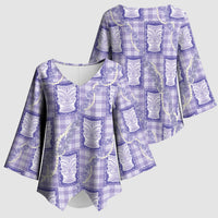 Aloha Hawaii Tiki Palaka Motifs Kimono Sleeve Blouse Honohono Lei Purple Elegant Vibes